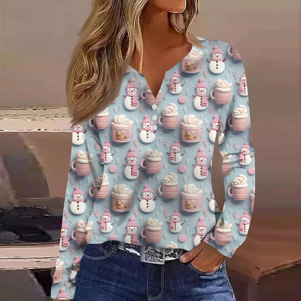 Women's Fashion Casual V-Neck Button-Up Long-Sleeve T-Shirt With Christmas Print Top