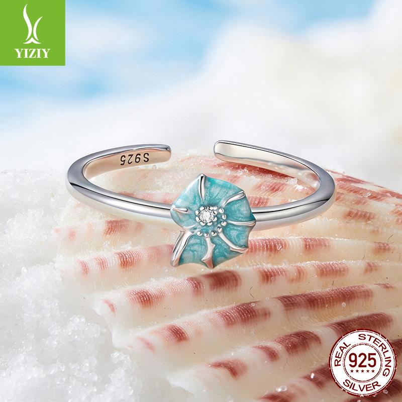 S925 Sterling Sølv Konkylie Åpen Justerbar Ring, Blå Sommer Bruksring Sjarm