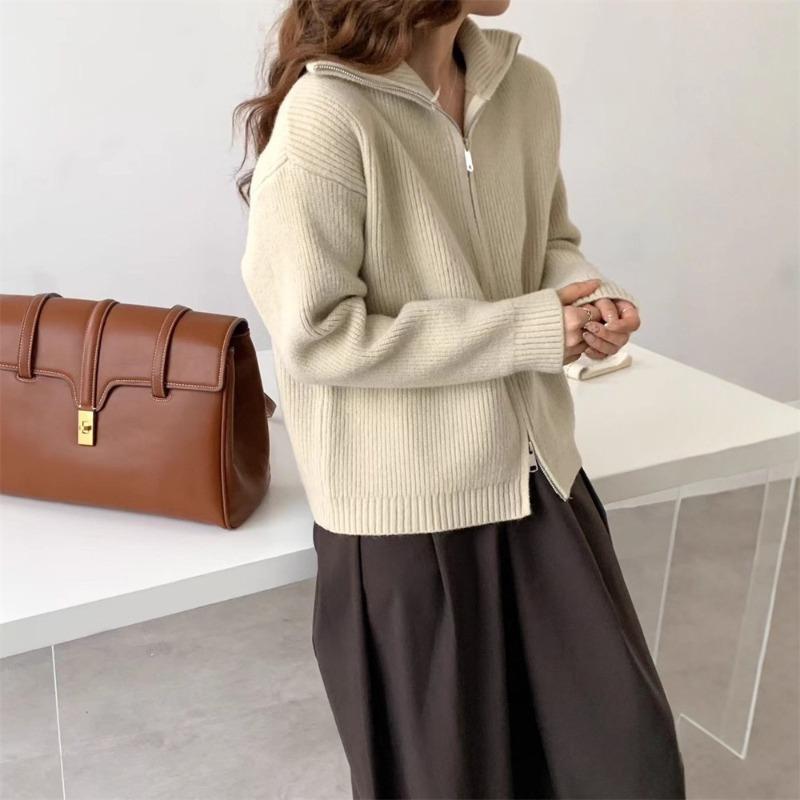 Double zipper knitted cardigan top autumn and winter new solid color loose soft waxy lazy sweater jacket women