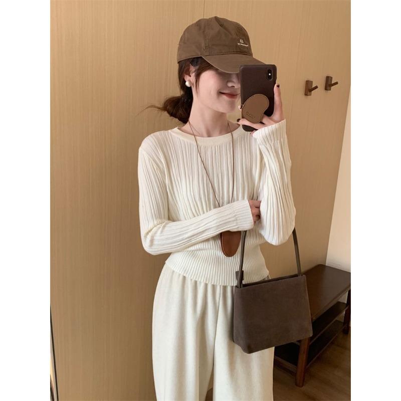 Waist knitted sweater, women's soft and glutinous sweater, autumn and winter casual fashion, long sleeves underneath with minimalist style base top