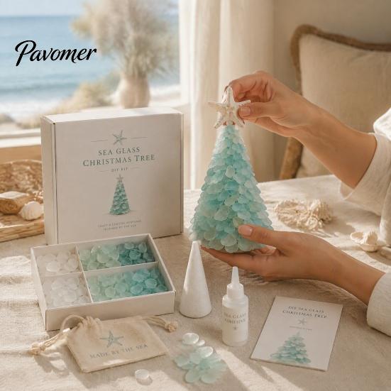 Sea Glass Art Projects for Adults DIY Christmas Tree Kit, 3D Coastal Xmas Craft Kit Creative Relaxing Holiday Activities with Pieces, Handmade