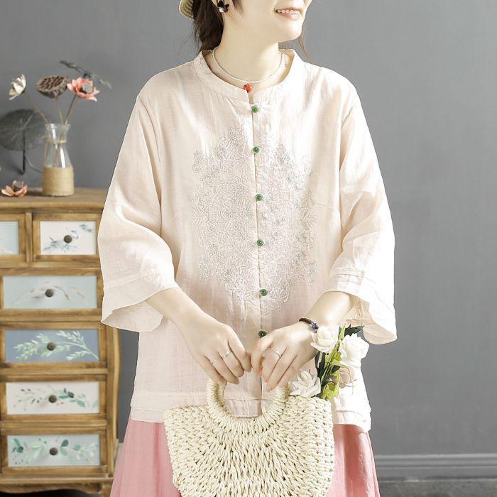 New half-sleeved shirt top heavy industry embroidery chic short-sleeved cardigan stand-up collar ethnic style