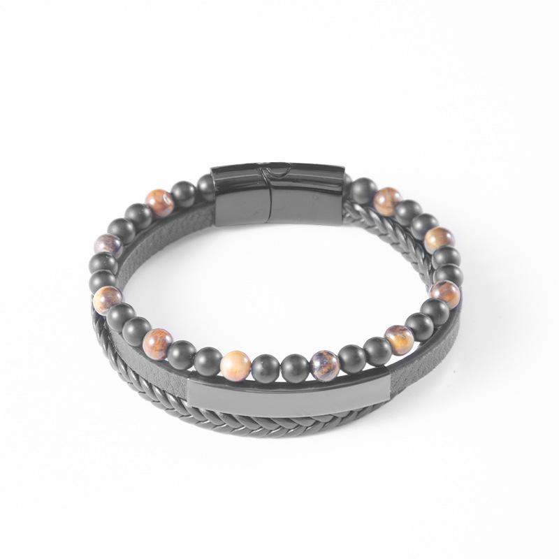 Handmade Multi-layer Leather Bracelet - Retro Electroplated Stainless Steel Clasp Wristband - Tiger-eye Stone Leather Rope Bracelet