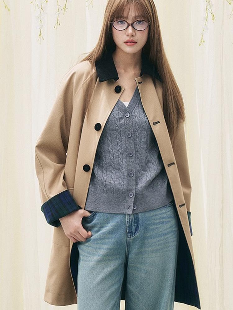 

Chunxin ретро контрастный цвет миу клетка двустороннее хаки средней длины тренч L хаки