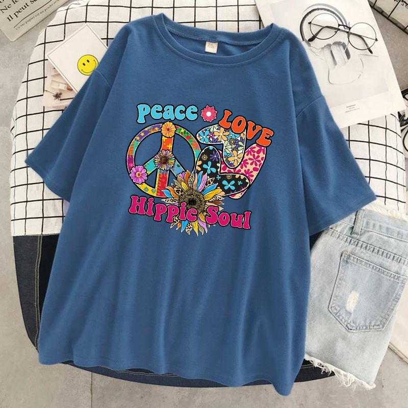 Peace Love Hippie Soul Printing Female T-Shirt Summer Cool Short Sleeve Breathable Cotton Tops Street Loose T Shirt Women