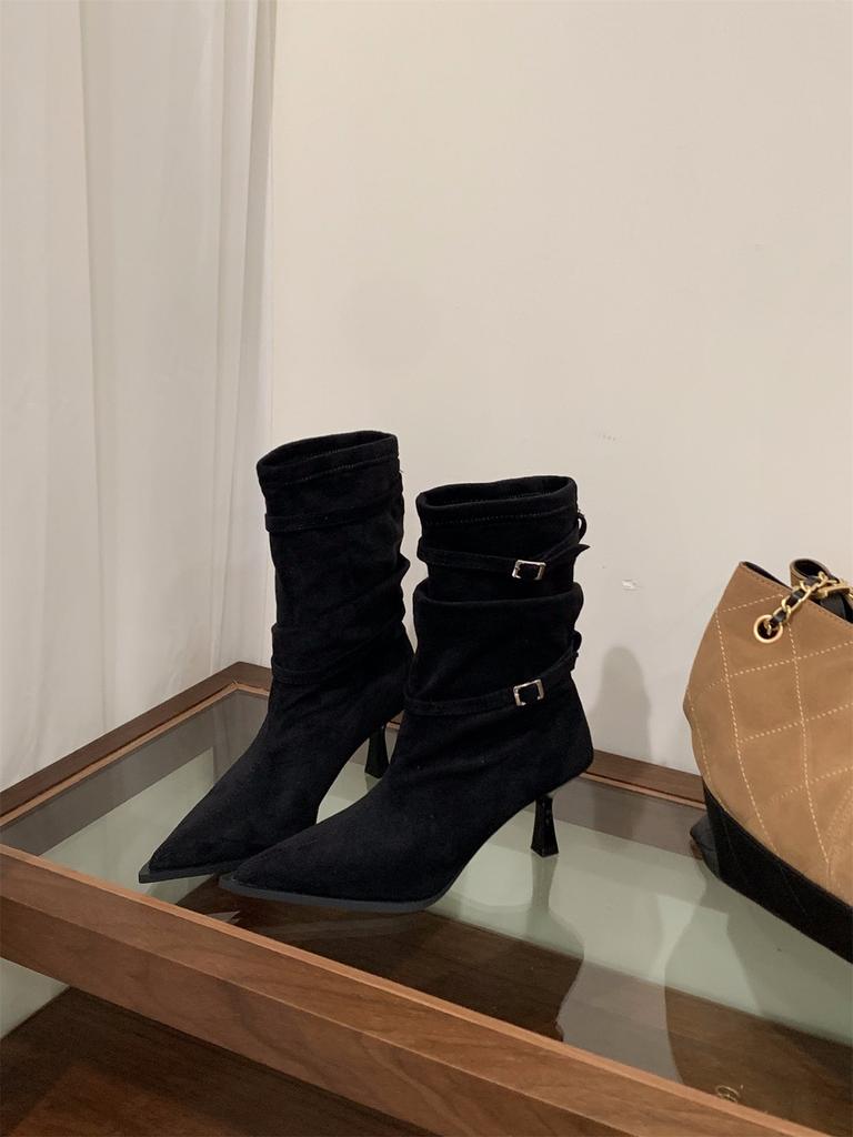 Pointed Suede High Heel Skinny Boots Spring and Autumn Pile Medium Boots with Skirt Small Boots