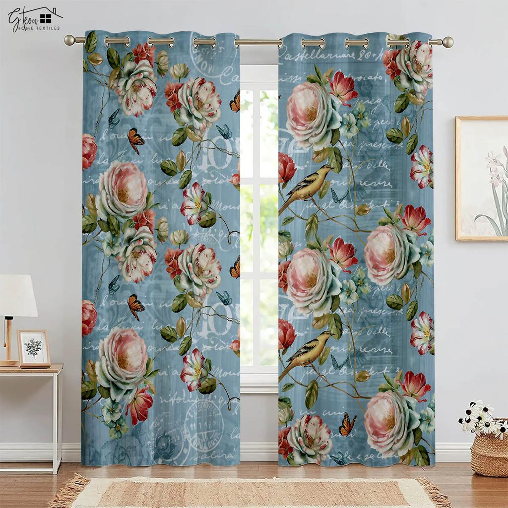 Beautiful Flower 3D Printed Drapes Chinese Style Ink Peony Rose Bed Room Family Room Study Rod Pocket Design Decorative Curtains