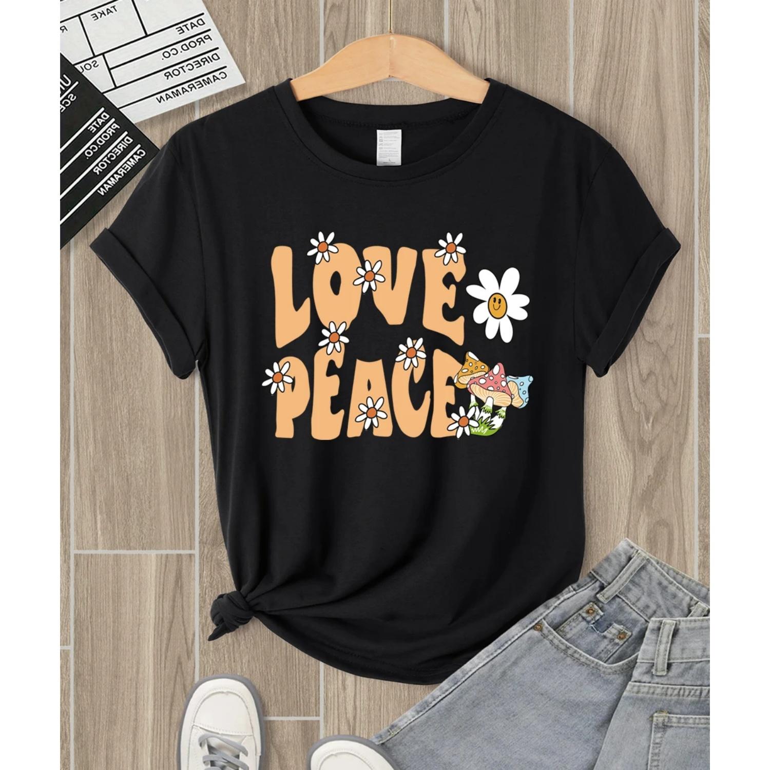 Love Peace Flowers Print T Shirt Women Summer Crewneck Clothing Trendy Hip Hop Short Sleeve All-Match Y2K Female T-Shirt S