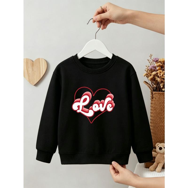 Kids Girls Crewneck Sweatshirt, Retro Layered Red Outline Heart Love Letter Print Light Pink Soft Fleece Pullover 110