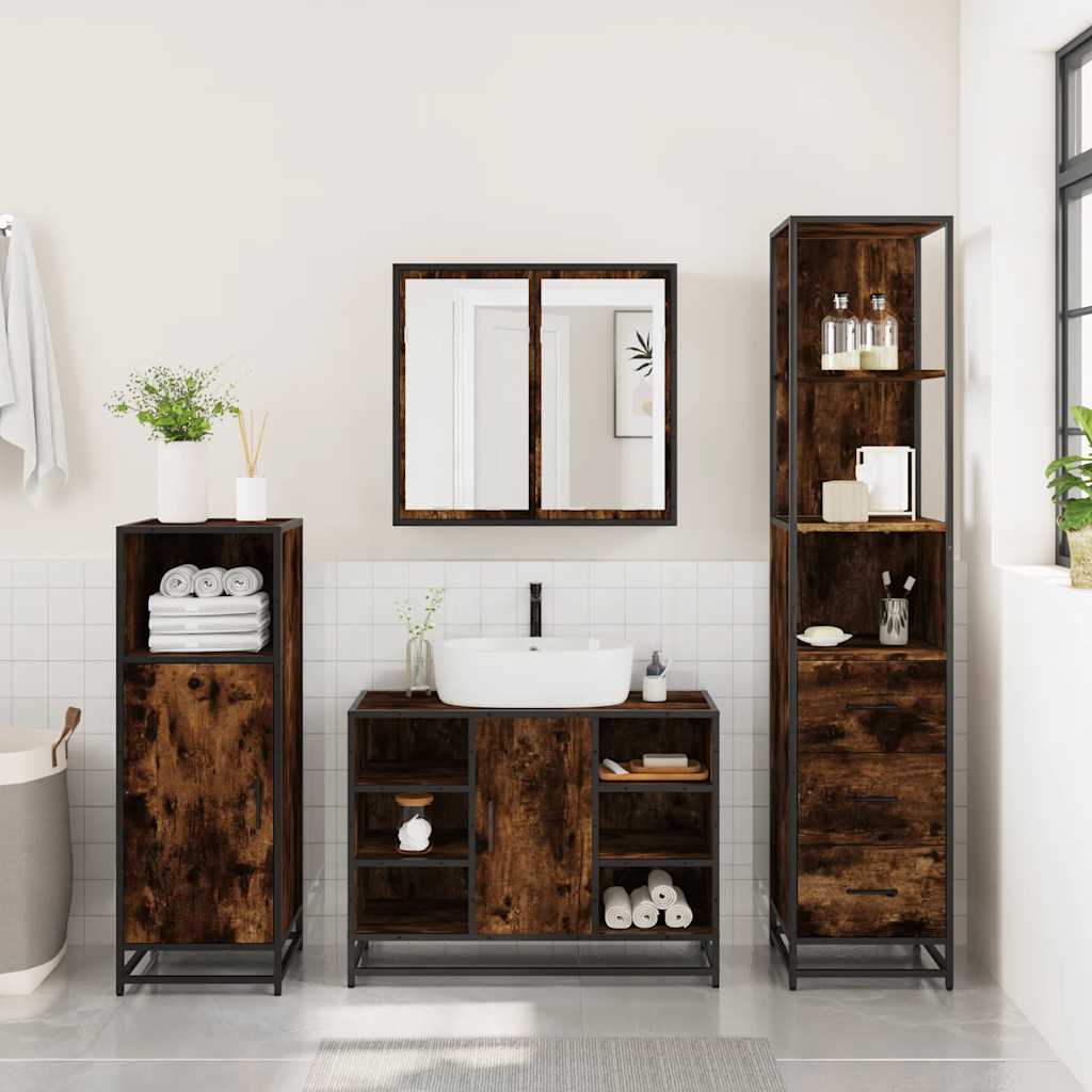 3 Piece Bathroom Furniture Set Smoked Oak Wood Based Material