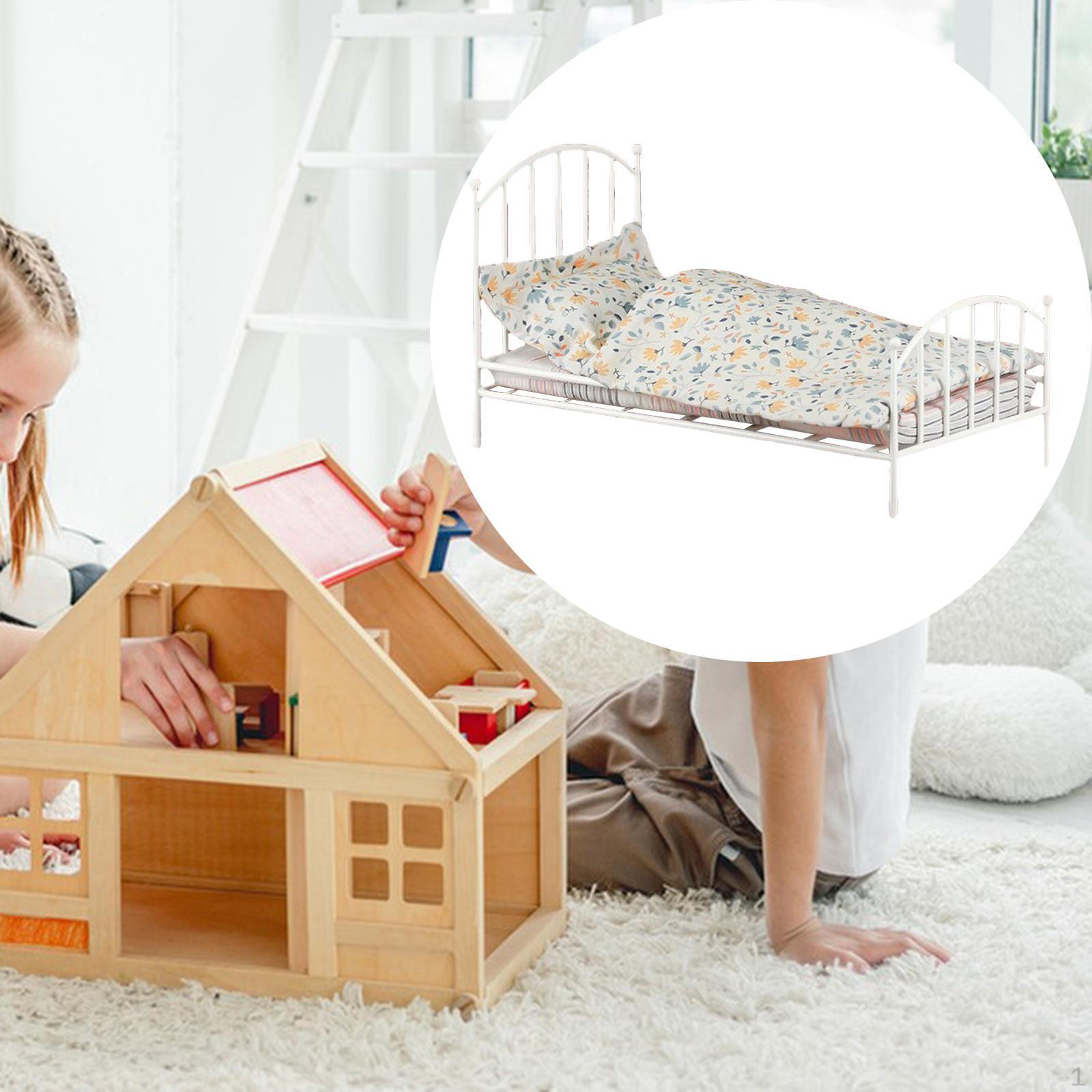 

Miniature Bed Dollhouse Furniture Pretend Play Metal Furnishing Bedroom Decoration for