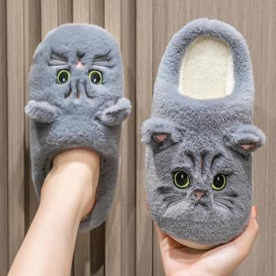 Pantuflas de felpa unisex de invierno para parejas, bonitas pantuflas de gato para dormitorio, pantuflas de interior cálidas de polar suave, zapatos planos antideslizantes de algodón para el hogar
