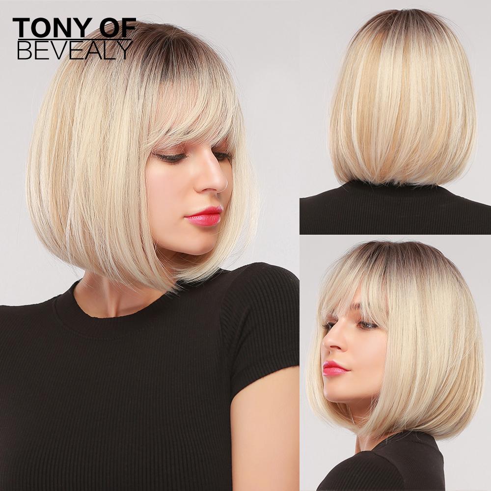 Medium Length Ombre Brown To Blonde Straight Hair Wigs with Bangs Synthetic Wigs for Women Cosplay Heat Resistant Natural Wigs
