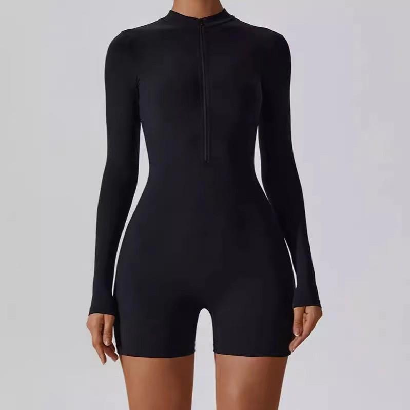 European-American Zipper Long-Sleeve Sexy Tight Jumpsuit - Brushed Nude Yoga Suit