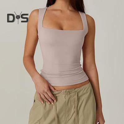Summer Vest Women Solid Color Square Collar Slim Fit Tank Top Wide Shoulder Straps Breathable Vest Daily Wear