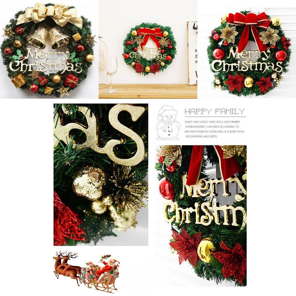 Festive Merry Christmas Wreath Garland With Red Bowknot And Gold Bells For Door Decor