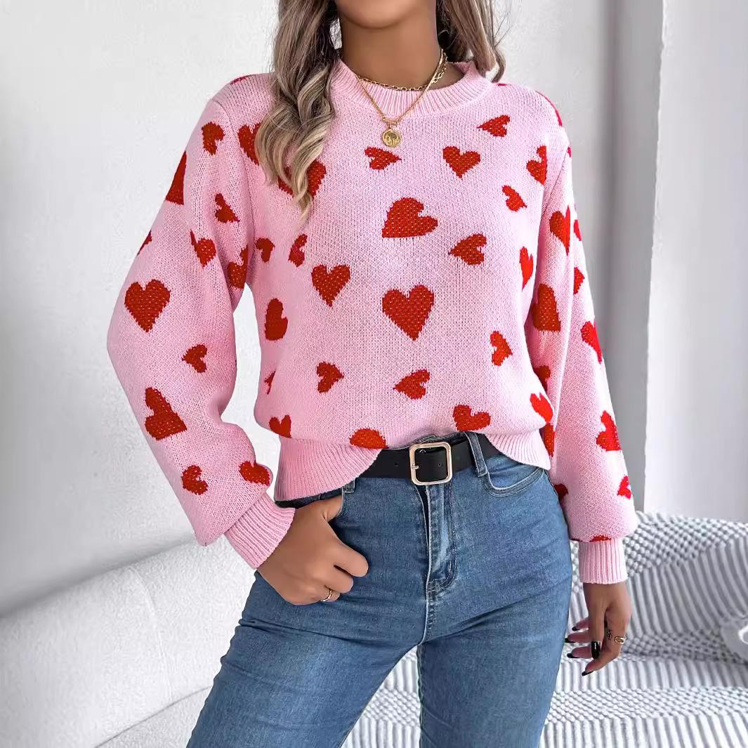 

QICED Autumn and Winter Casual Color-blocking Heart-shaped Lantern Sleeve Pullover Sweater for Valentine s Day Women s Wear S розовый