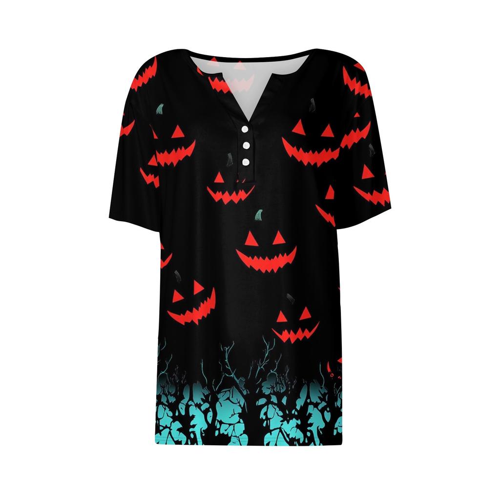 Women's T Shirt Tee Halloween Printed Button Short Sleeve Tunic Daily Weekend Fashion Basic V- Neck Regular Top