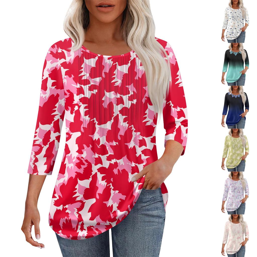 Women's Fashionable Casual Pleated Round Neck Casual Floral Print Seven Quarter Sleeved T-shirt Top