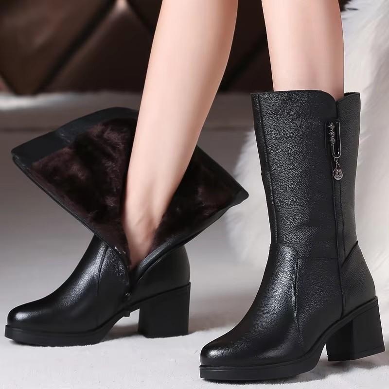 Fashion GKTINOO Women Ladies Female Mother Genuine Leather Mid Calf Boots Shoes Winter Plush Fur Warm Botas Zipper Plus Size Non-Slip