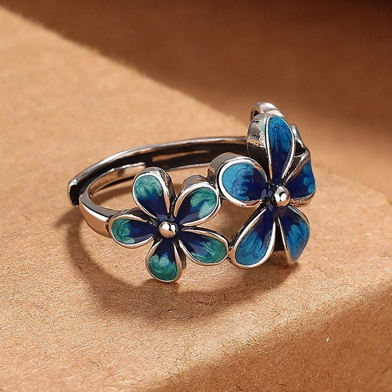 Adjustable Open Ring With Enamel Floral Design Vintage Boho Style Copper Finger Women Men