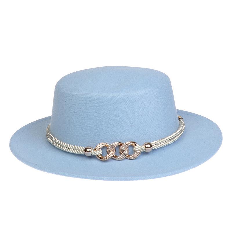 Women's Wool Felt Flat Top Fedora Hat - French Autumn/Winter Retro Style with Chain