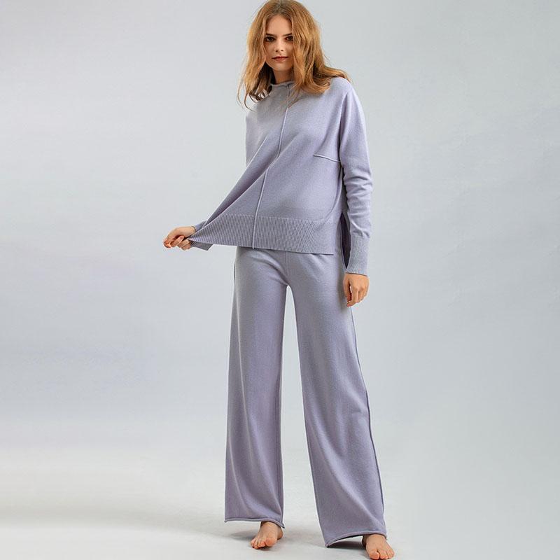 Autumn Winter Women's Knitted Pants Suits Round Neck Slit Sweater Loose Casual Knitted Wide-leg Pants Two-piece Knitted Suit Outfits