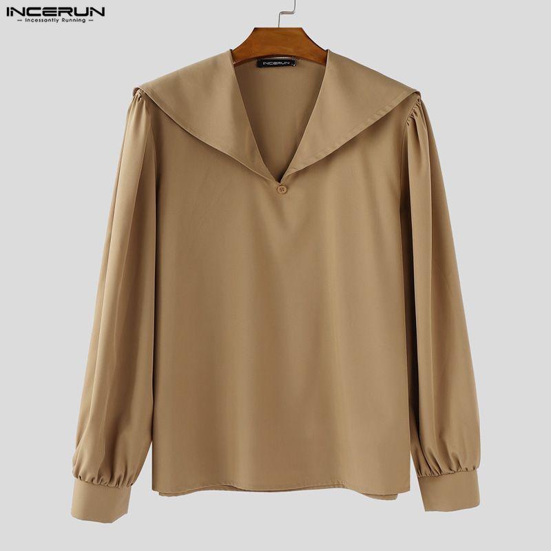 INCERUN Two Pieces Men Sailor Collar Long Sleeve Shirts Long Wide Legs Pants Sets Outfits