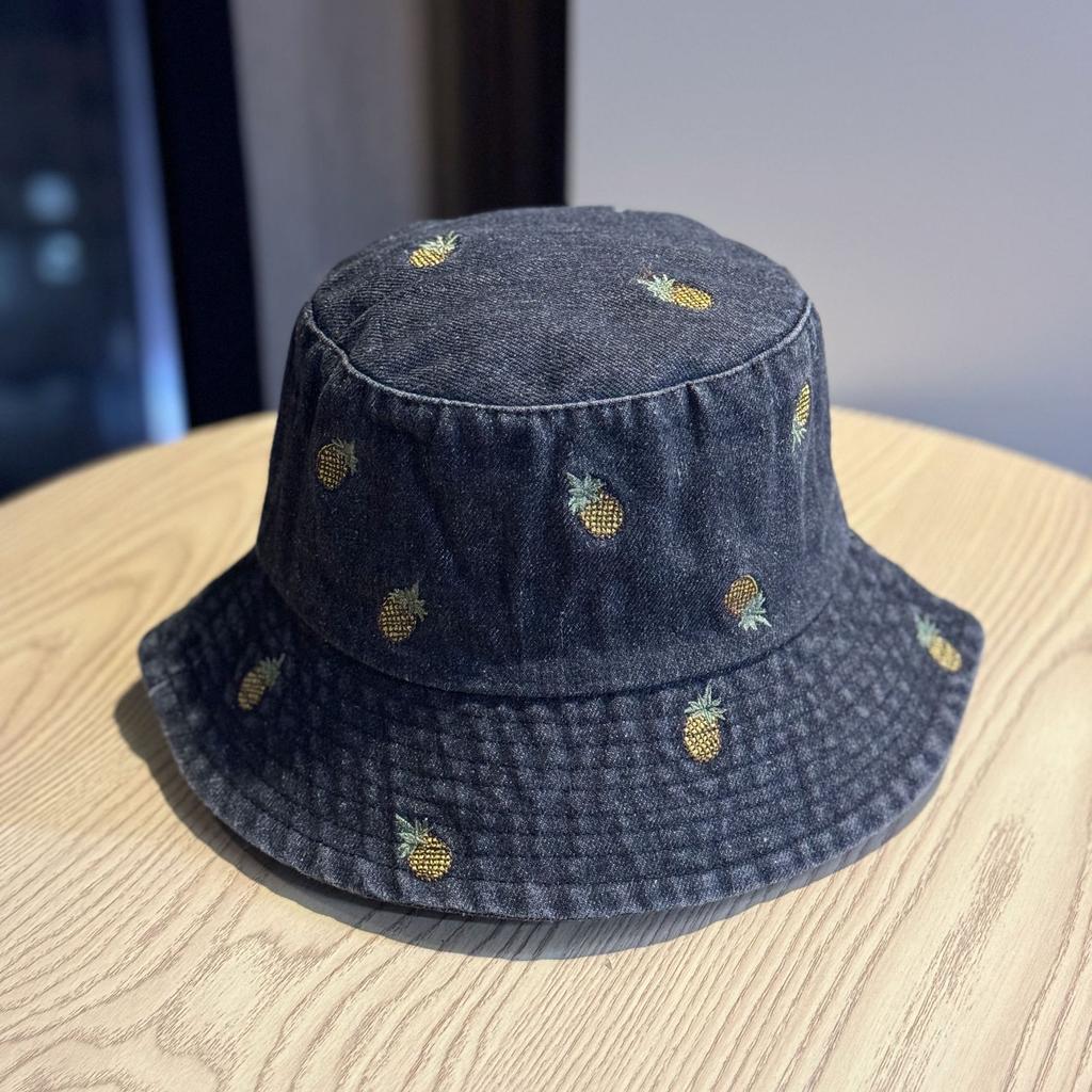Spring and summer new pineapple embroidered denim fisherman hat for women, washed vintage outdoor versatile sun protection bucket hat