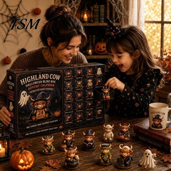 Highland Cow Collectibles Halloween Advent Calendar, 24 Days Countdown Box Mini Figurines with 24Pcs Figurines, Spooky Decorations Cute 3D Dolls