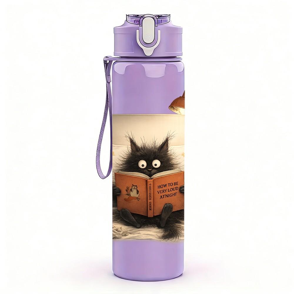 1PC Black Cat Sit On Vintage Book Bag Print 750ml Color Plastic Sports Water Bottle Leakproof Flip Straw Lid Suitable for Sports Office Home Use