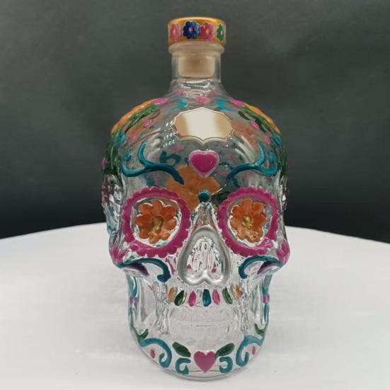 Yousheng Gotische Schedel Karaffen, Handgeschilderde Glazen Likeur Fles met Bloemenpatroon, 3D Gebeeldhouwde Wijn Dispenser voor Home Bar, Halloween Decoratie