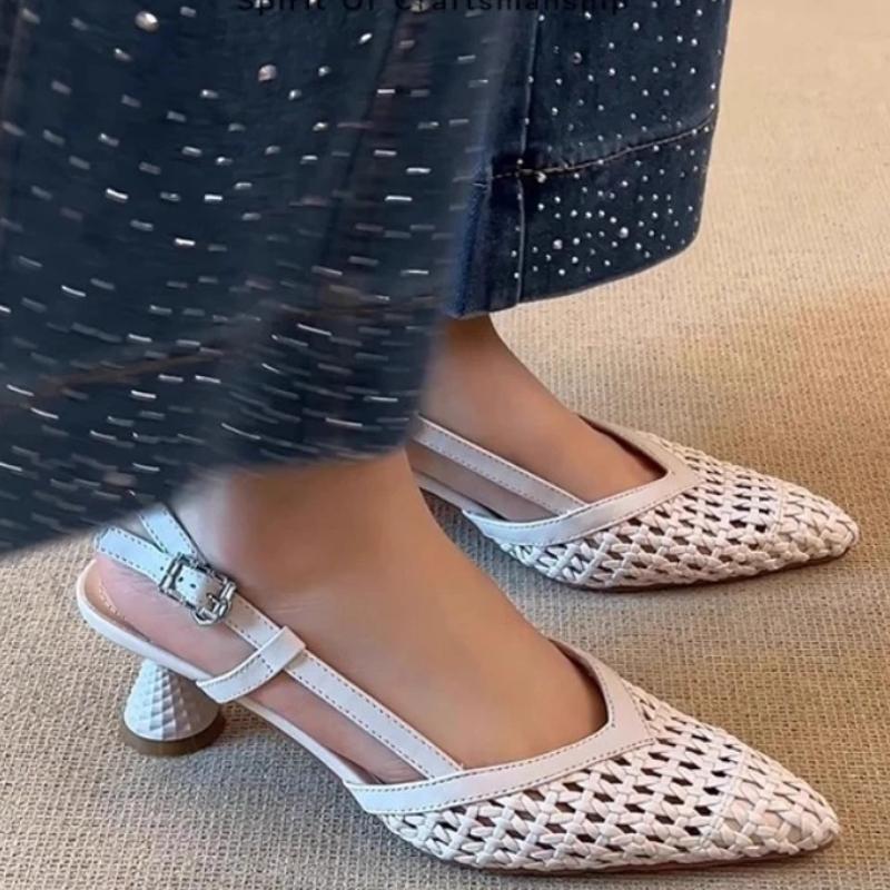 French Square-toed Woven High-heeled Sandals 2025 Summer Shoes Skeletonized Fashionable Leather Fabric Mid-heel Women Sandals