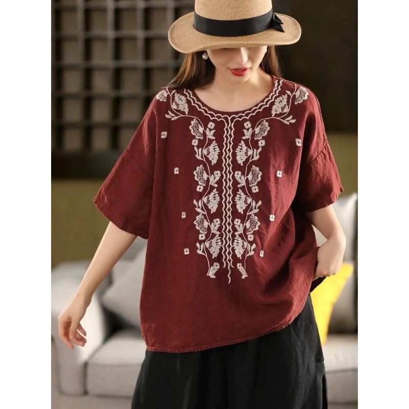 Heavy Embroidery Cotton and Linen Literary Loose Retro Temperament Round Neck Short-sleeved T-shirt Embroidered Versatile Summer New Top
