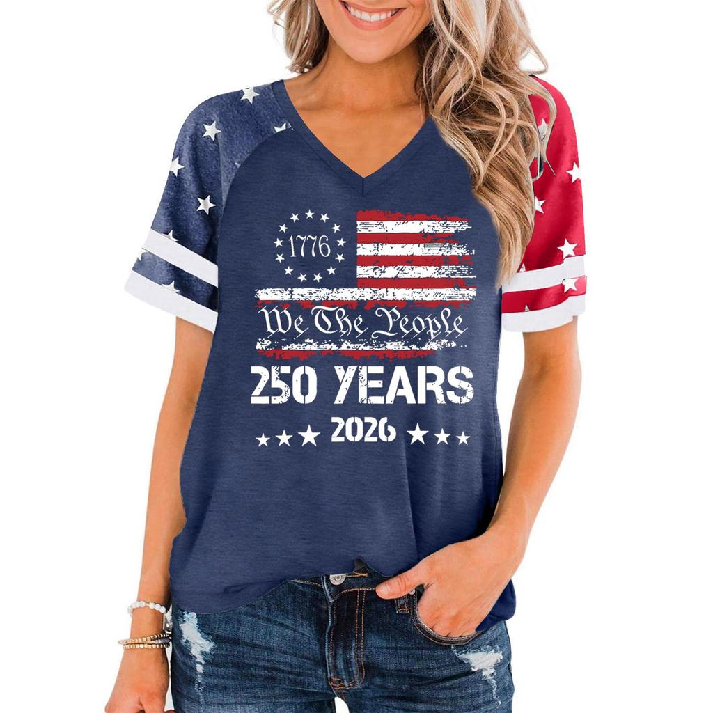 Women's Casual V Neck Short Sleeve Pullover T Shirt Independence Day Graphic Print Top 250 Years Commemorative Design 2026