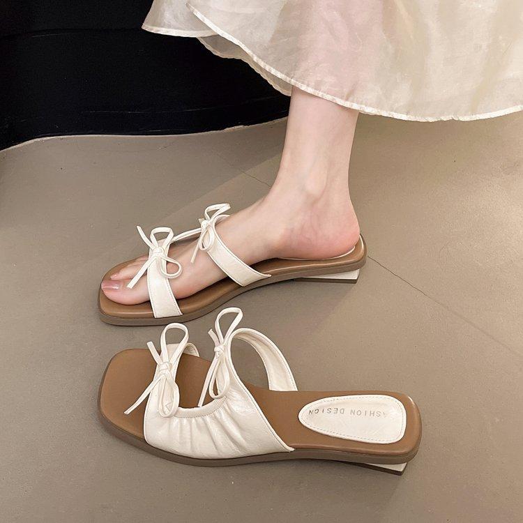 

Женские тапочки Лето 2025 Уличные Пляжные Тапочки Удобные Модные На танкетке с бантом-бабочкой Элегантная Женская Обувь Sandalias De Mujer 35 бежевый