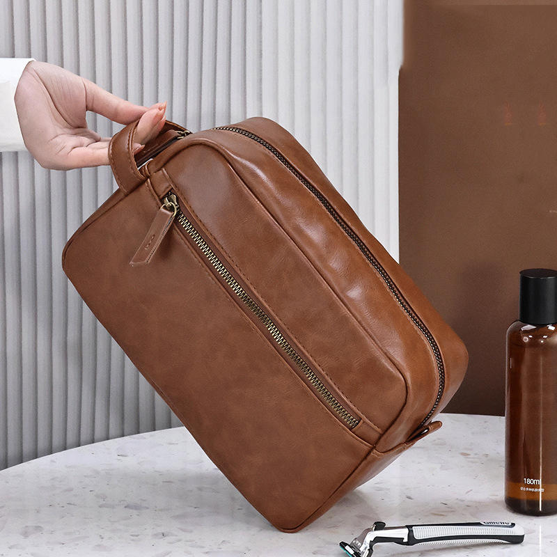Men PU Leather Wash Bag Travel Business Trips Portable Cosmetic Bag Large Capacity Multi Pocket Design Handheld business trip Wash Bag