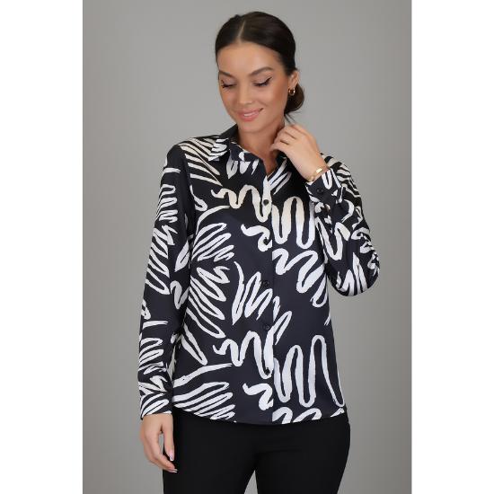 Damska koszula z długim rękawem z lycry satynowej we wzory w kolorze czarno-białym DK 1001