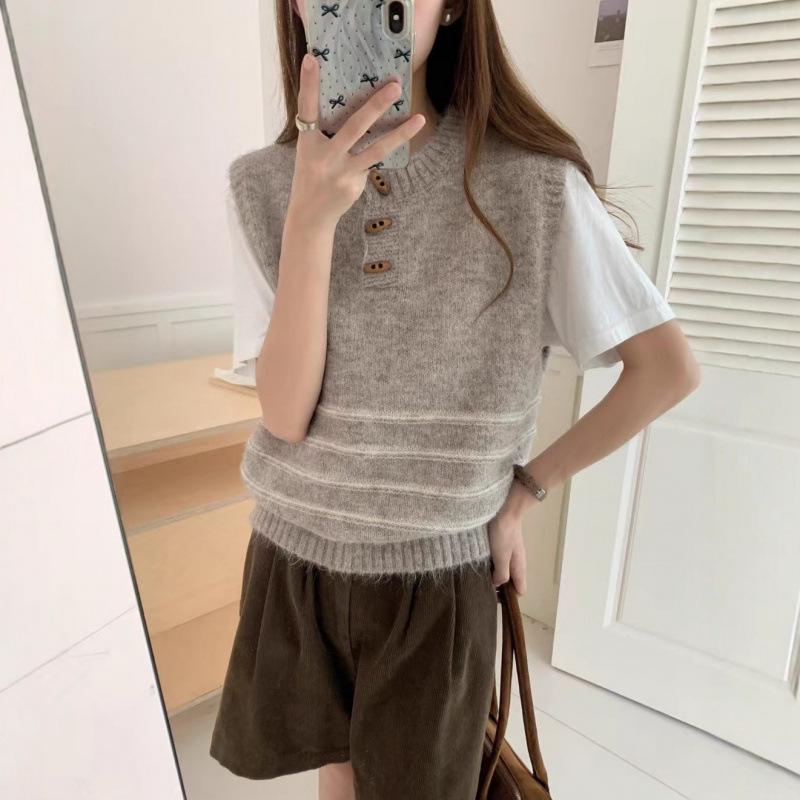 2025 Korean Retro Stripe Knit Vest with Horn Buttons - Women's Sleeveless Round Neck Sweater
