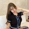 Double Zipper Slim Knit Sweater Top for Women's Summer Korean Version with Exposed Navel Short Sleeved T-shirt