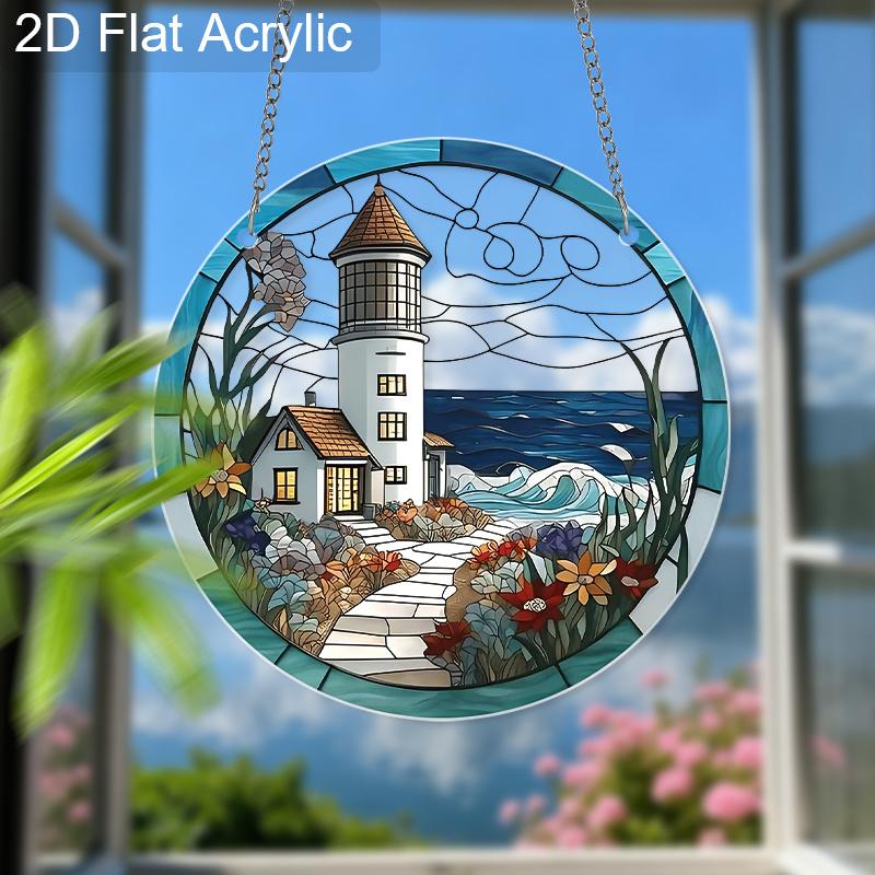 Acrylic Coastal Lighthouse with Ocean and Flowers Suncatcher, Stained Glass Effect Window Hanging Ornament for Nautical & Beach Lover Gifts