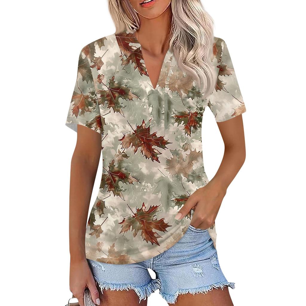 Moda Donna Casual Risvolto Manica Corta Stampa Camicia Top da Donna con Scollo a V