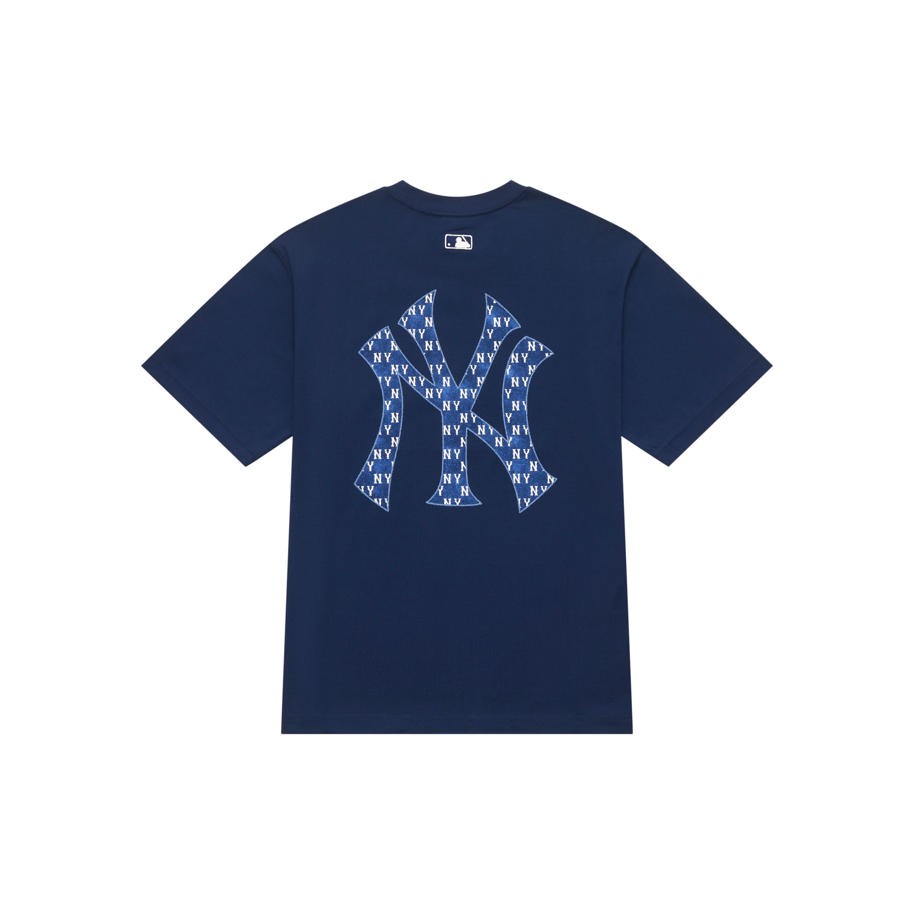 MLB Monogramm Serie New York Yankees SS24 Denim Logo Print Rundhals T-Shirt Unisex Oberteile Dunkelblau 3ATSM0643-50NYS XL blue
