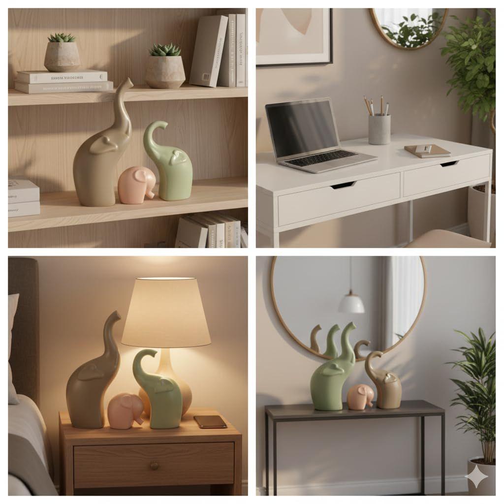 Lephant Family Matte Finish Ceramic Figures | Home Decor Living Room Decorative Items Showpieces House Warming