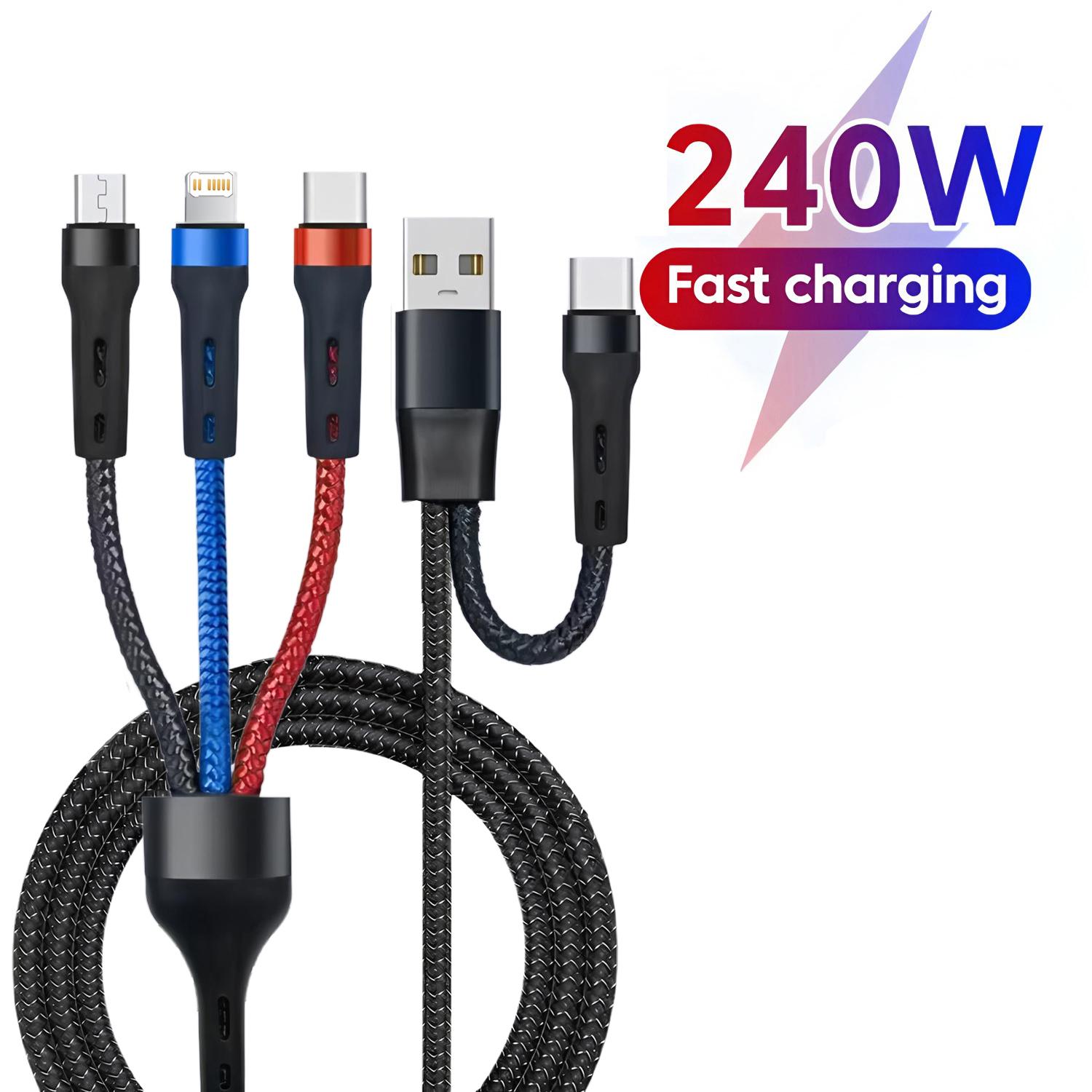 240W 3 In 1 Fast Charging Cord For Micro USB Type C Charger Cable Multi Usb Port Multiple Usb Charging Cord чёрный