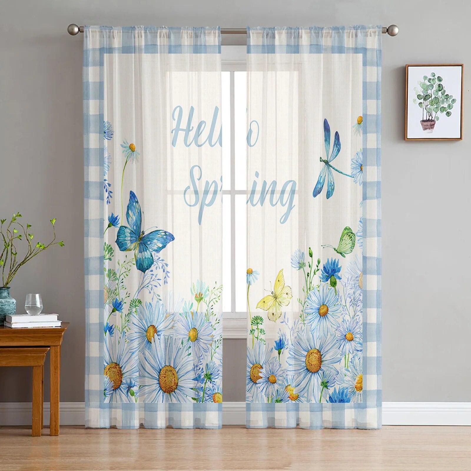 

Винтажные тюлевые шторы с акварельными цветочными листьями для гостиной, кухни, спальни, прозрачный тюль для кафе, отеля, современный домашний декор 135W x 114H(cm)