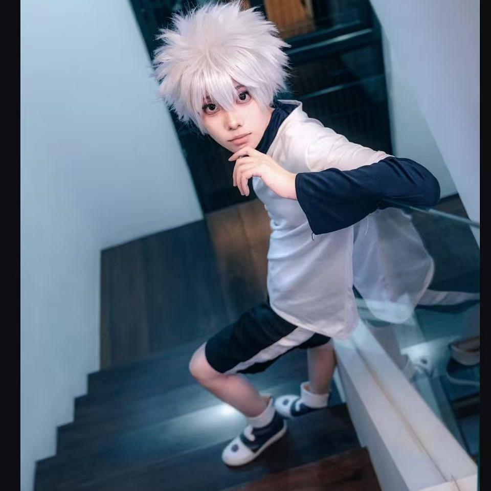 Wetrose Disponibile Costumi Cosplay di Killua Zoldyck Hunter × X Hantaa Kirua Zaoldyeck T-shirt Set Completo Parrucca Halloween Natale Nuovo