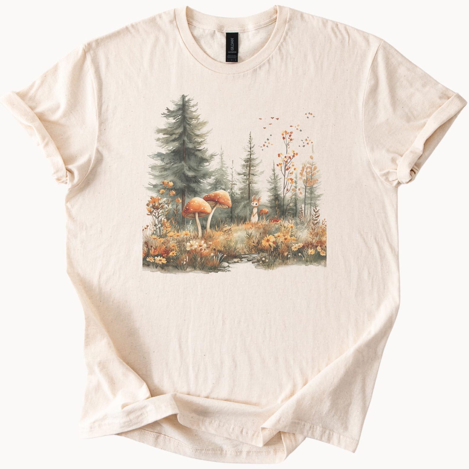 Forest Mushroom Graphic T Shirt Woodland Fox Nature Scene Fall Aesthetic Tee Botanical Art Soft Neutral Shirt Cute Animal Forest Top 130