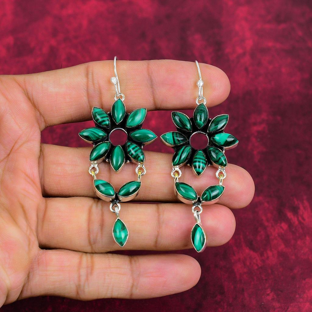 Brincos de Malaquita, Joias de Prata de Lei 925, Presente Para Mulheres Brincos Feitos à Mão Joias de Pedras Preciosas