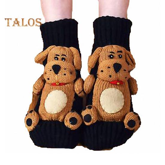 

1 пара зимних носков с 3D-принтом с животными из мультфильмов, вязаные нескользящие утолщенные эластичные теплые носки средней длины с подошвой в силиконовые точки чёрный